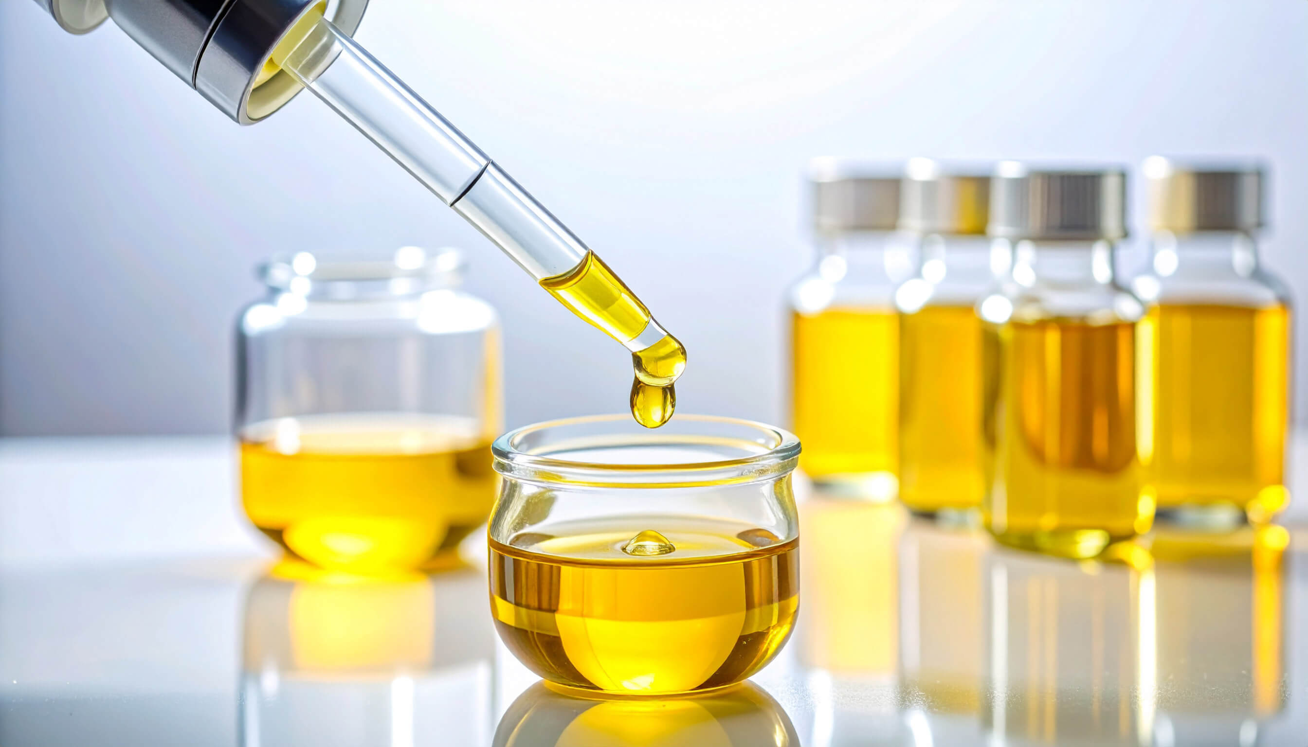 Oil is being dispensed with a pipette into a clear glass, highlighting the smooth flow of the liquid.