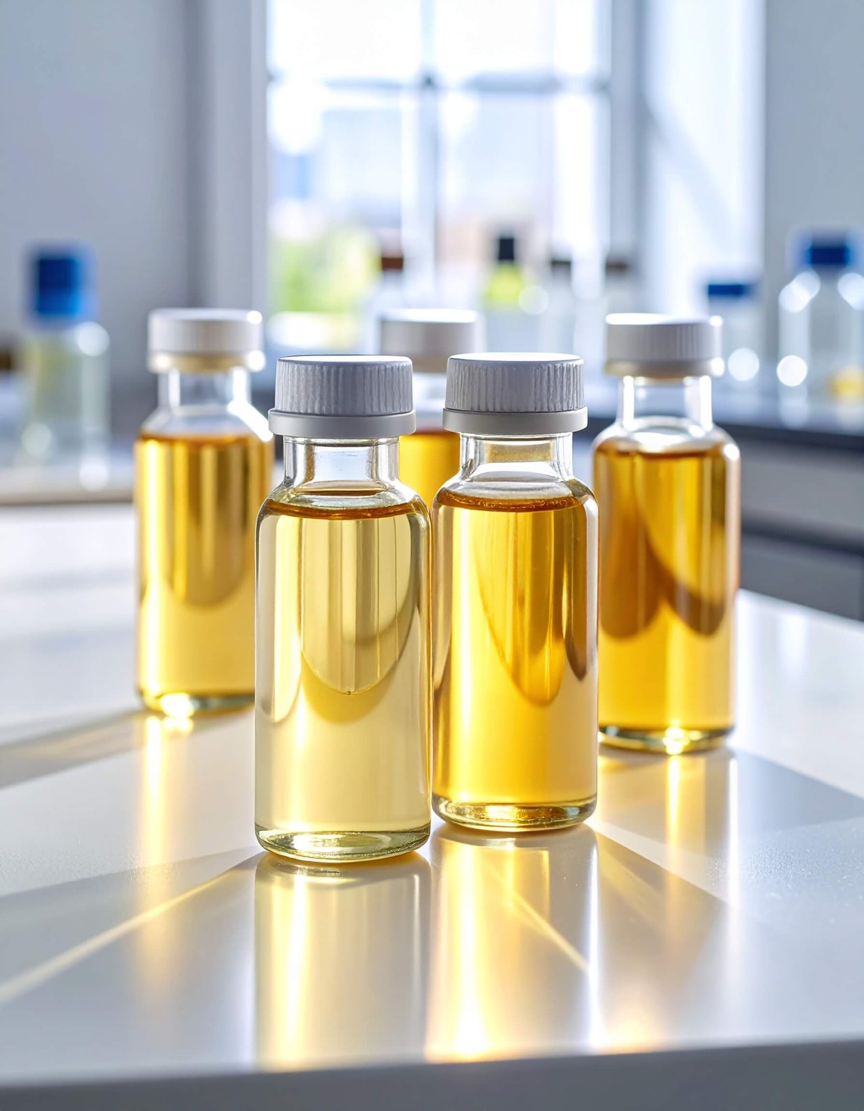 Multiple glass vials of liquid vitamin E oil displayed on a table.
