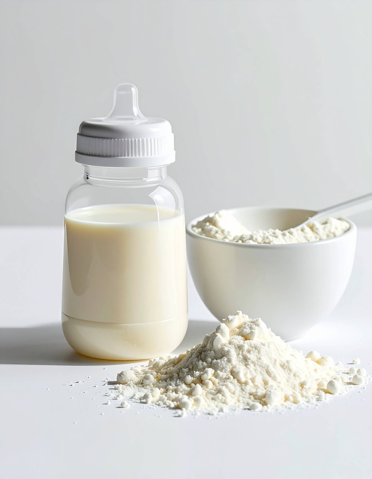 A baby bottle filled with milk stands next to a bowl of milk powder, with an additional pile of milk powder in front on a white surface.