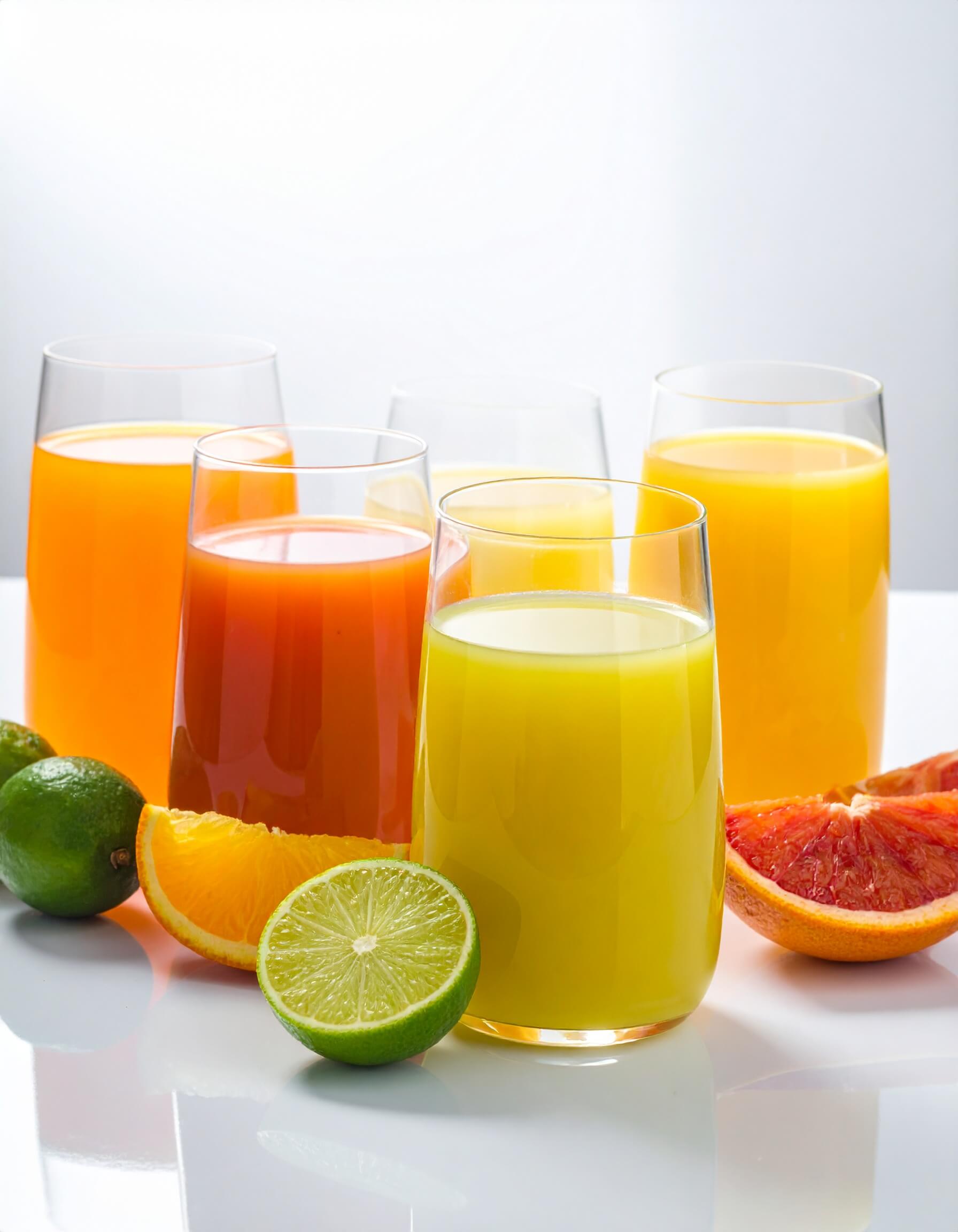 A display of juice-filled glasses with assorted fruits in front, highlighting the vitamin C richness of the beverages.