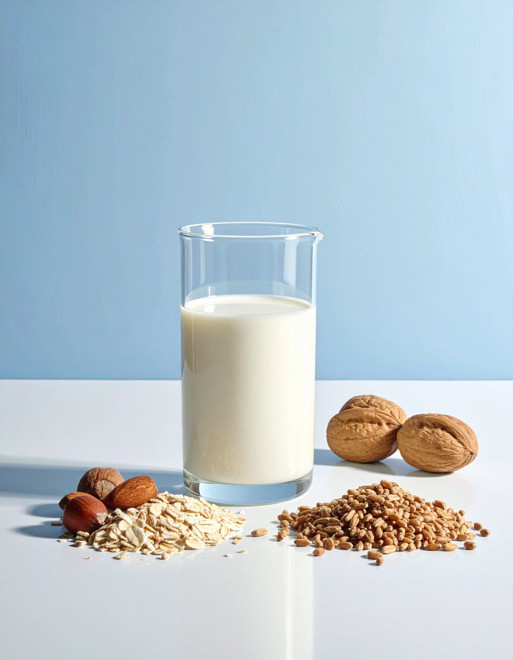 A glass of milk alongside almonds and mixed nuts on a white table, highlighting a source of vitamin B.