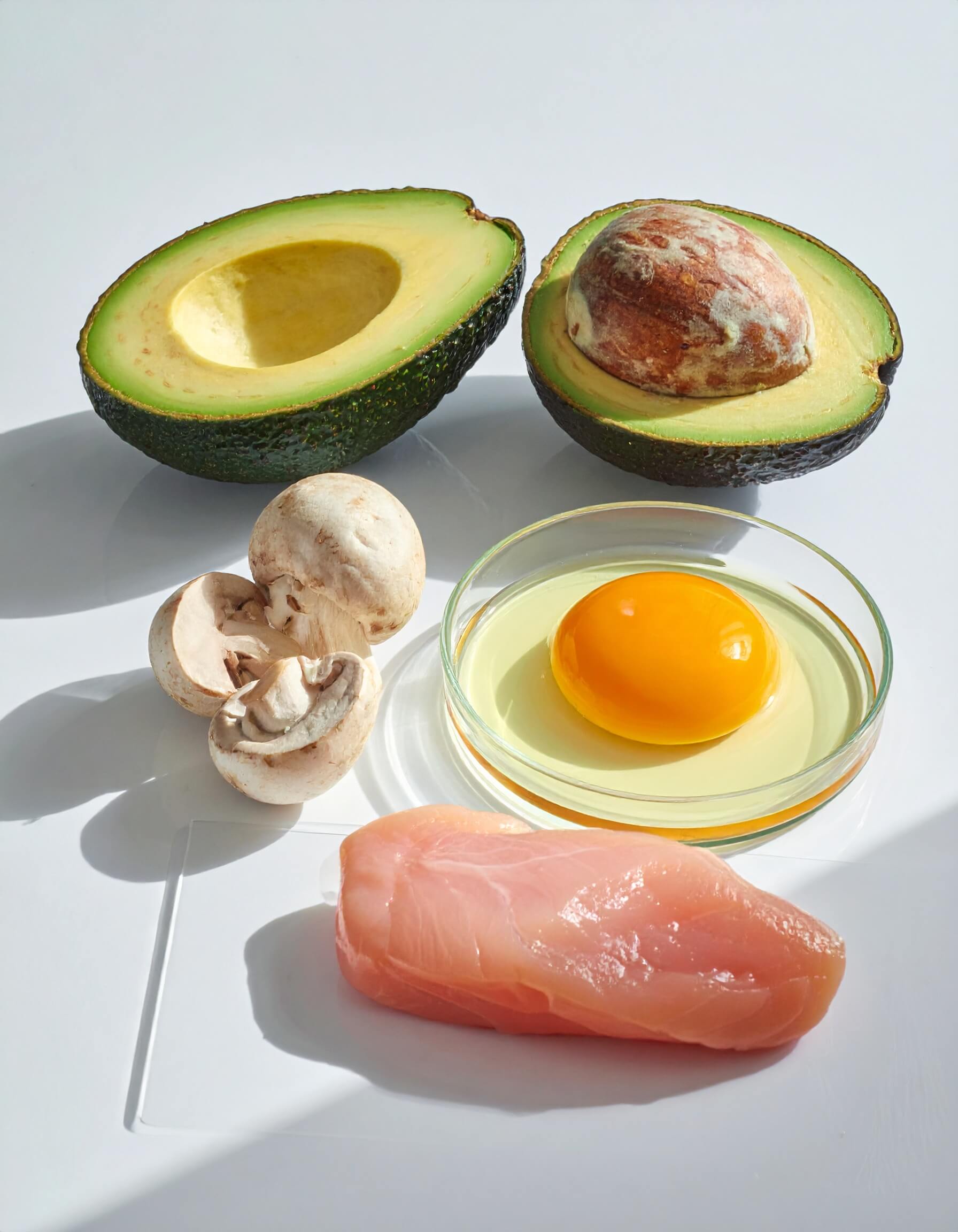 A table featuring avocado, mushrooms, eggs, and white meat highlighting their rich vitamin B5 to B7 content.
