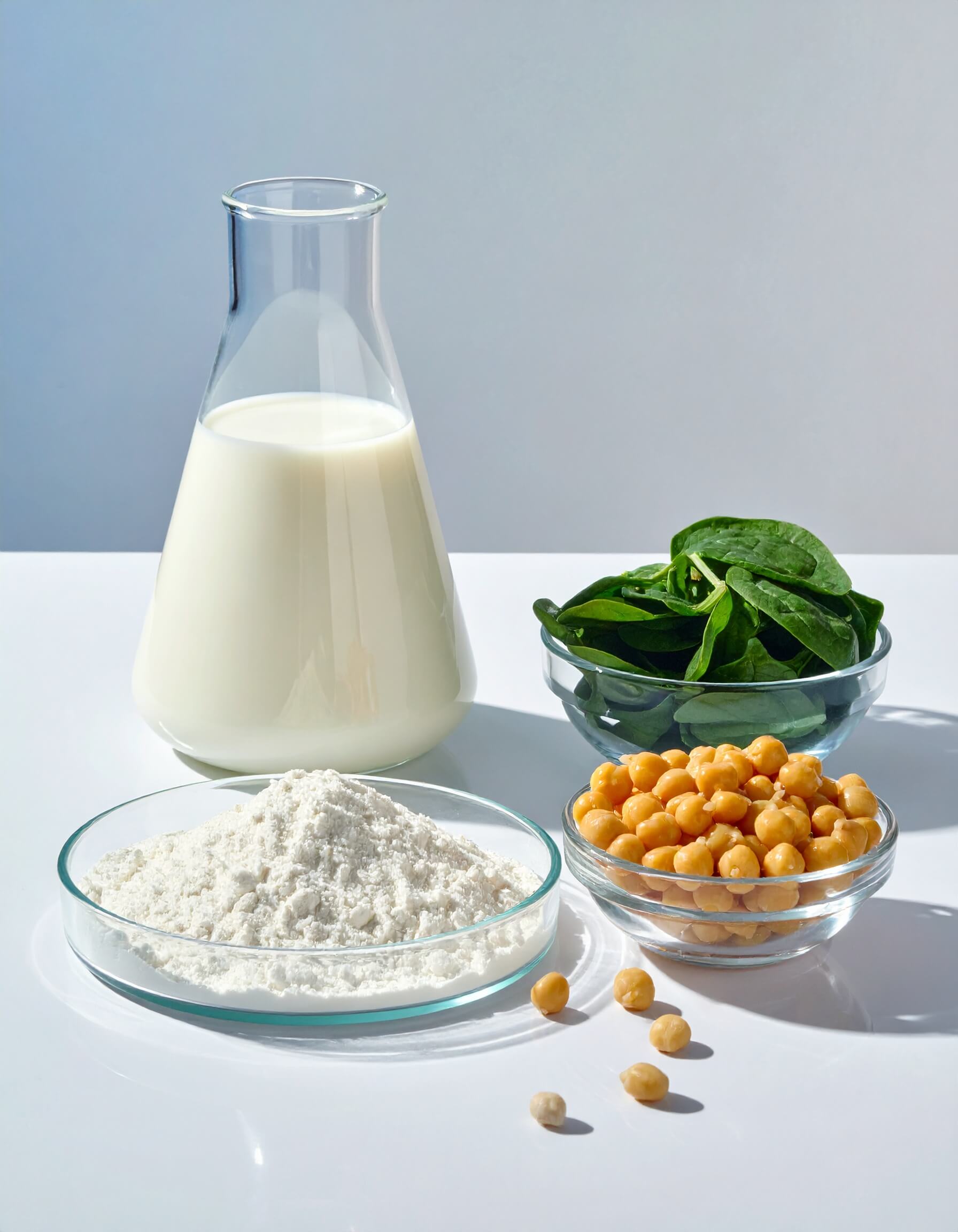 Several bowls filled with milk, beans, spinach, and other ingredients rich in vitamins B9 and B12.