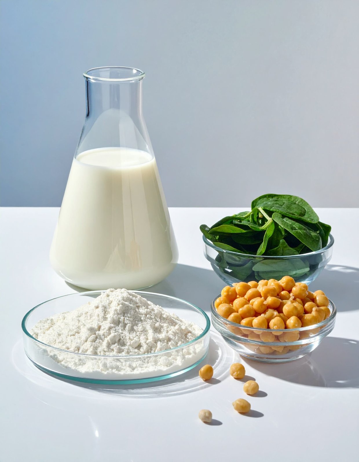 Several bowls filled with milk, beans, spinach, and other ingredients rich in vitamins B9 and B12.