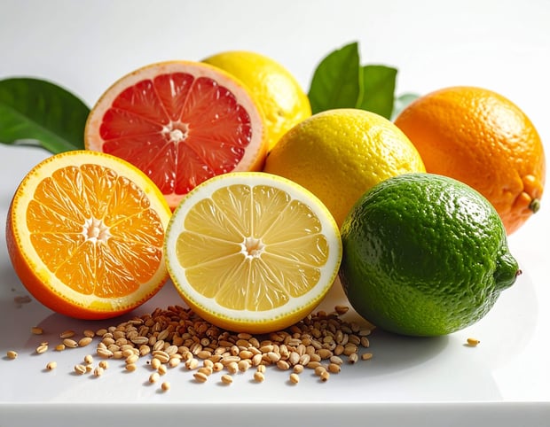 A white plate featuring an assortment of citrus fruits and seeds, highlighting their vitamin C content.