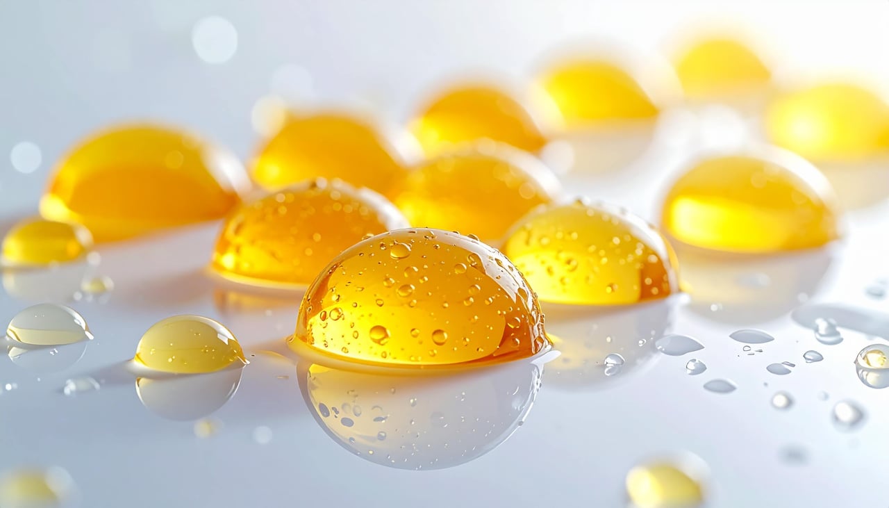 Vitamin C droplets on a white surface.