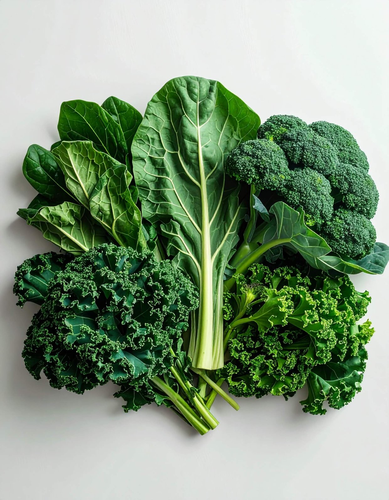 An assortment of green vegetables displayed on a white background, highlighting their natural freshness and texture.