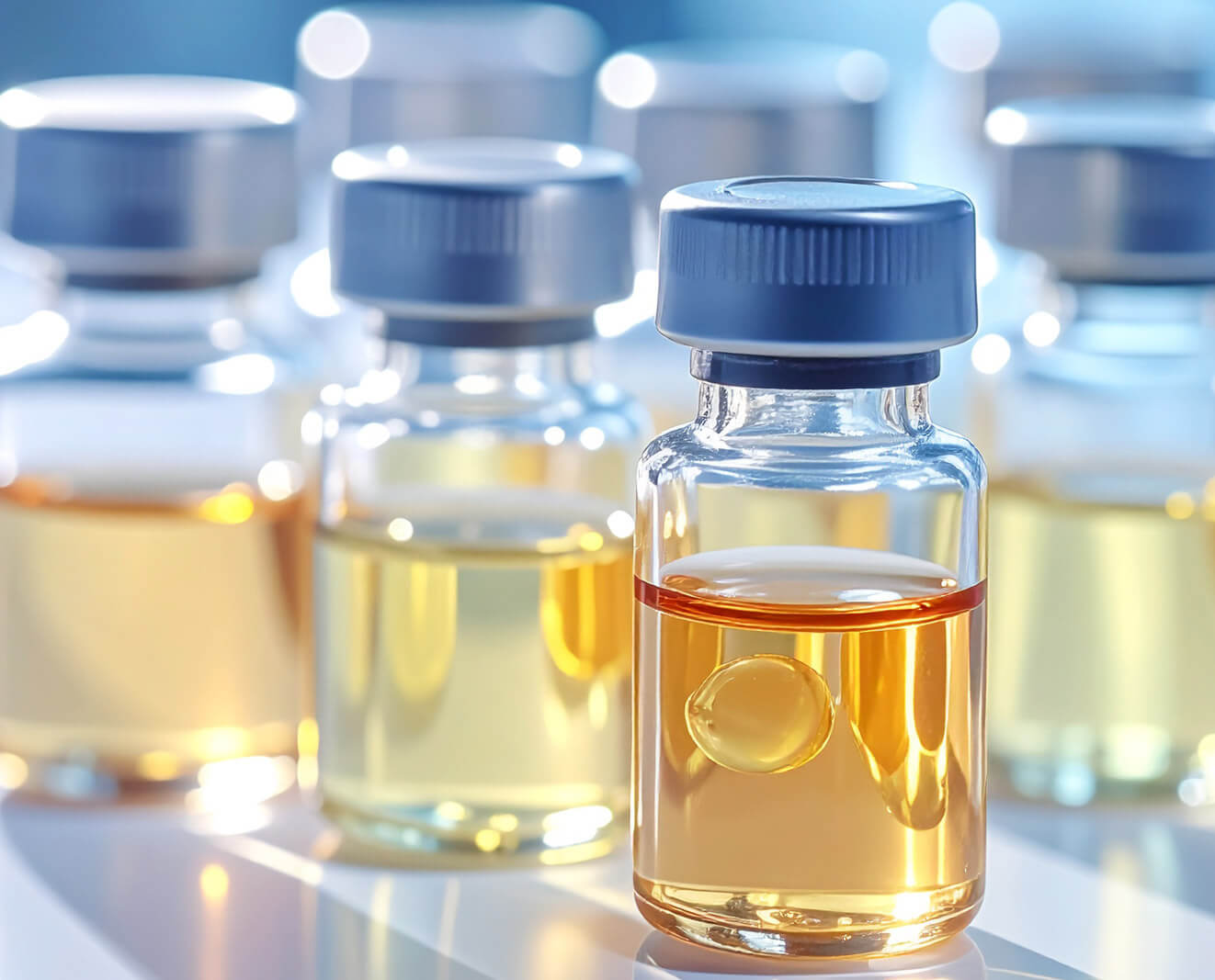 A collection of vials filled with assorted vitamin liquids, showcasing a spectrum of colors.