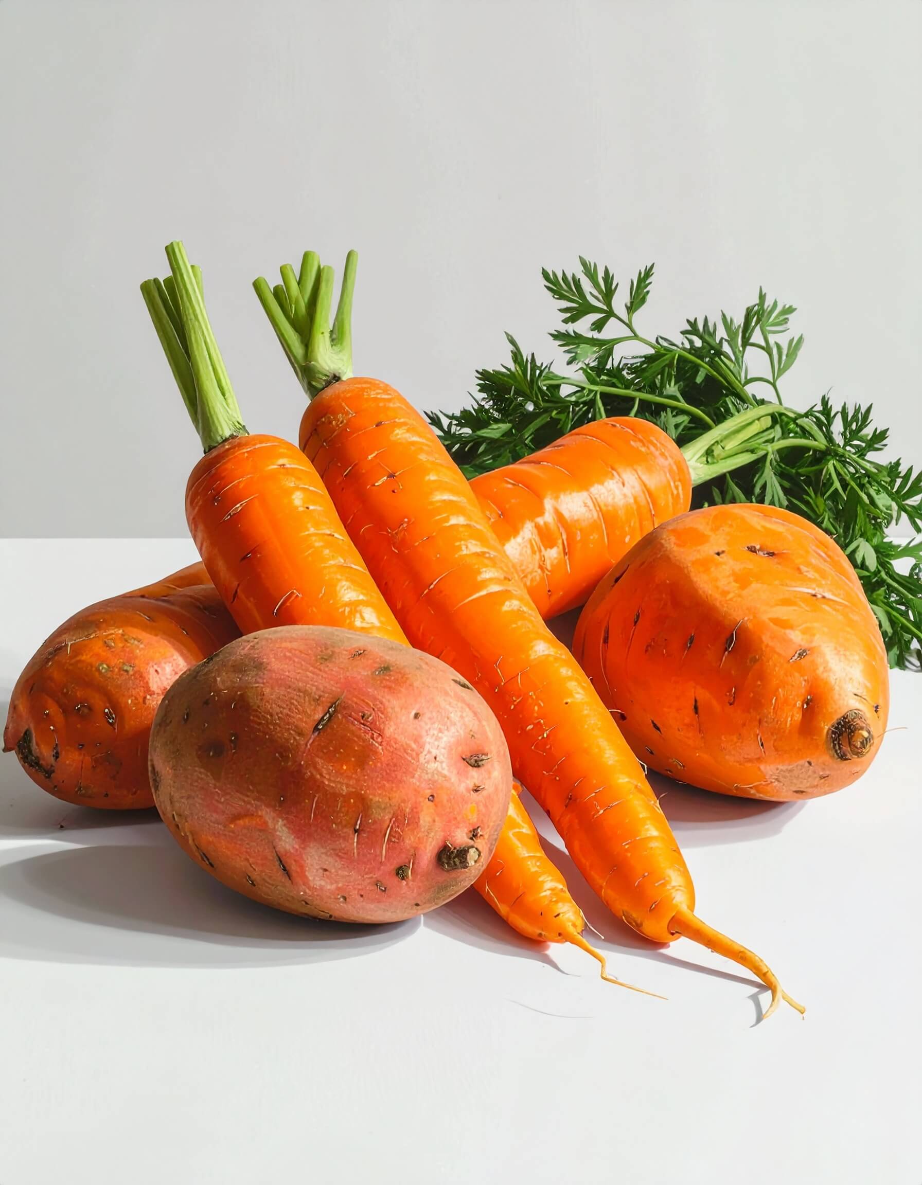 A pile of fresh carrots and beets on a table, highlighting their rich vitamin A and beta-carotene content.