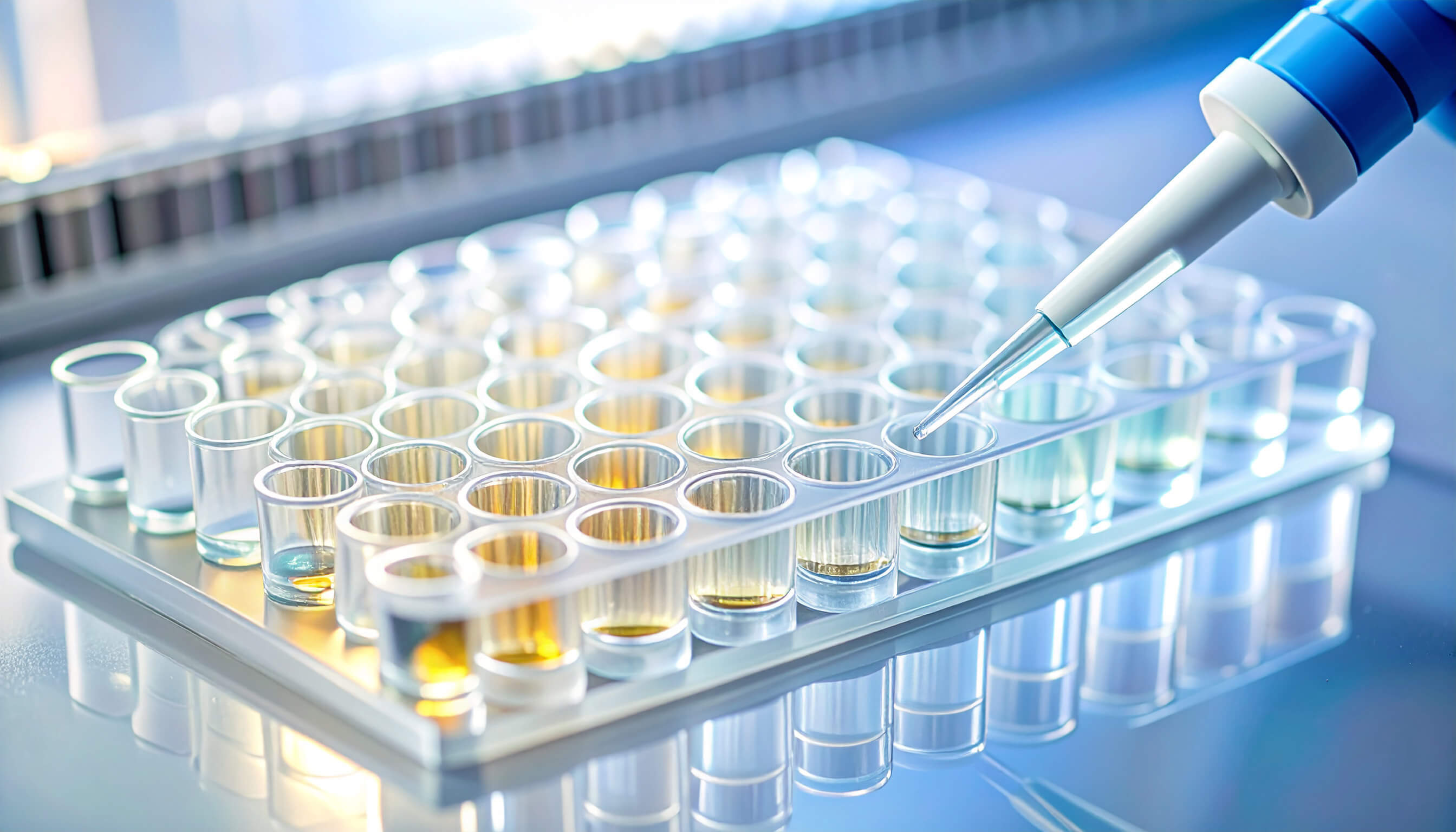 A person holding a pipette next to test tubes in a laboratory setting.