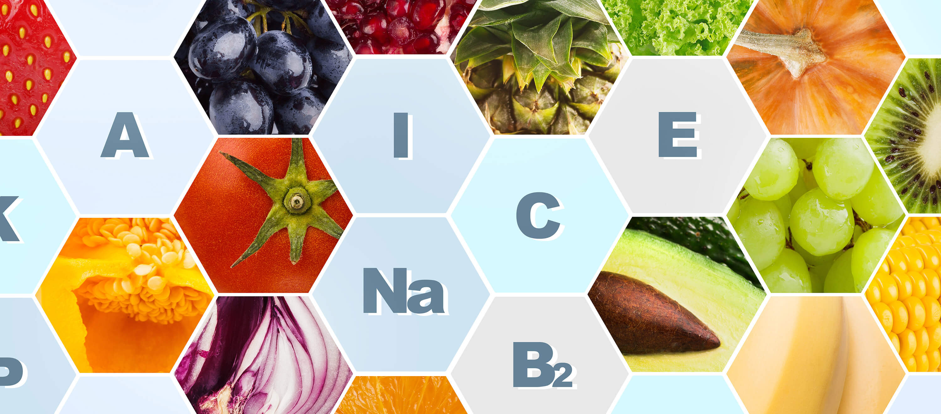 Vitamins and minerals in fruits and vegetables on background.