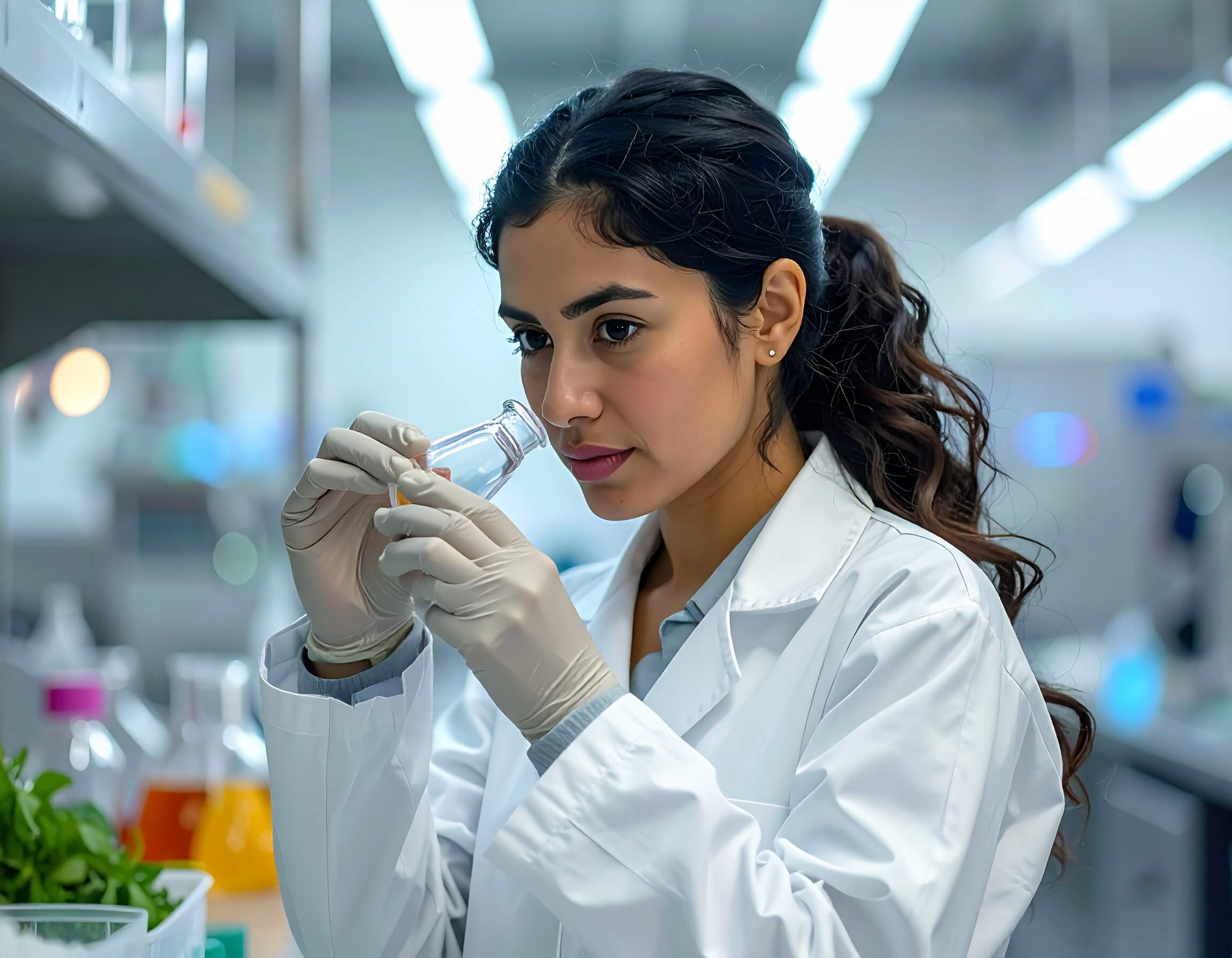A person smelling food samples in a glass jar during a sensory evaluation.