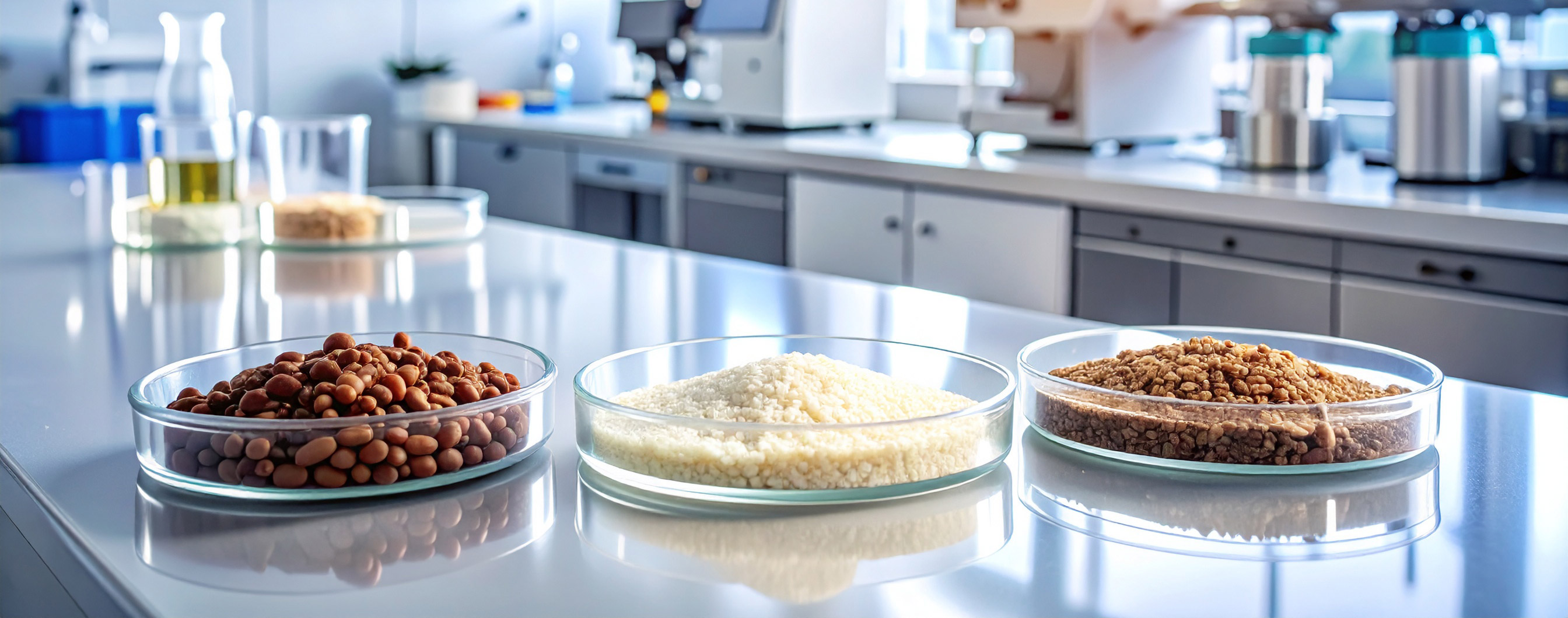 Glass containers with various food samples on a laboratory table during sensory evaluation.