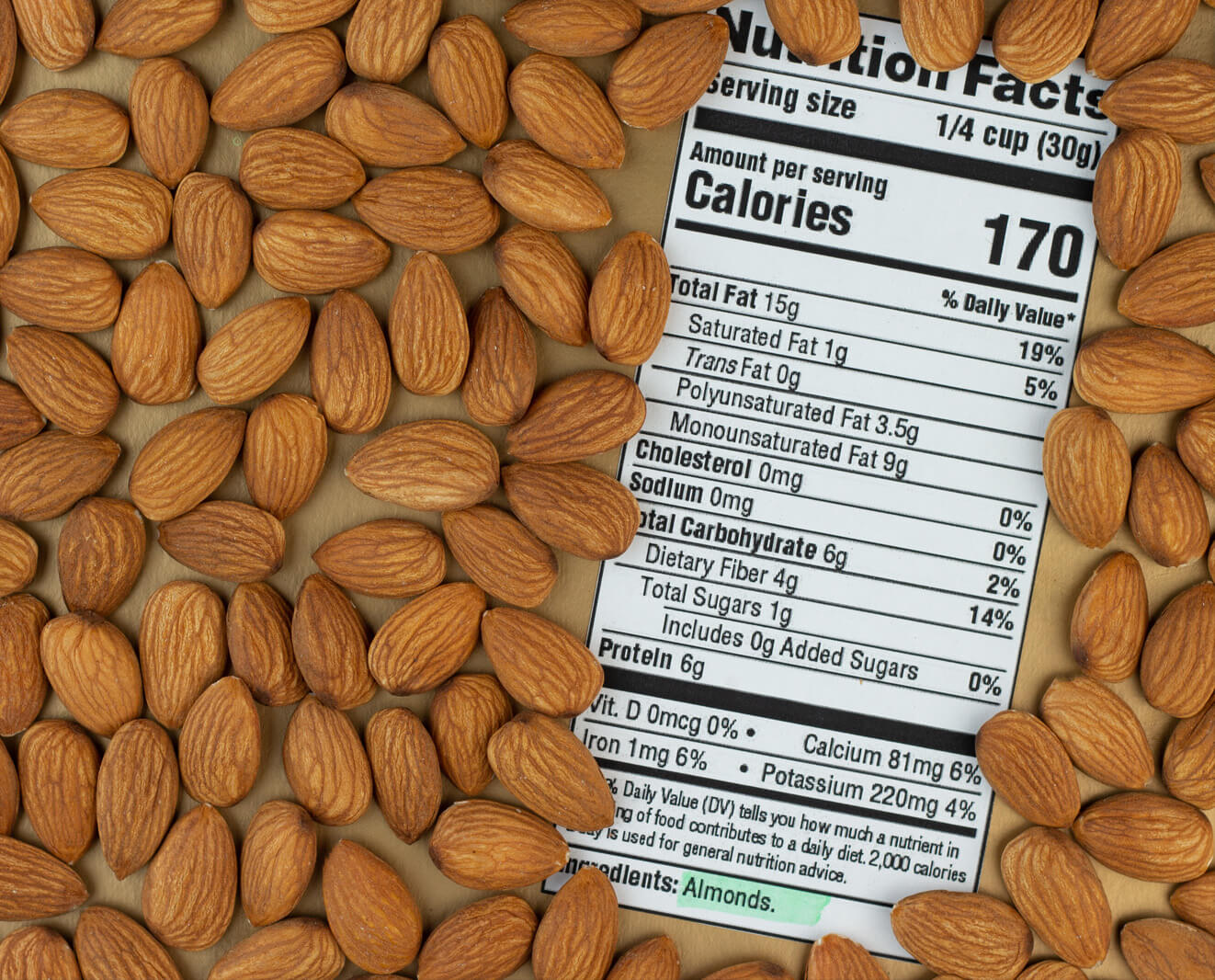 Almonds with nutrition facts as an ingredient for a ketogenic diet.