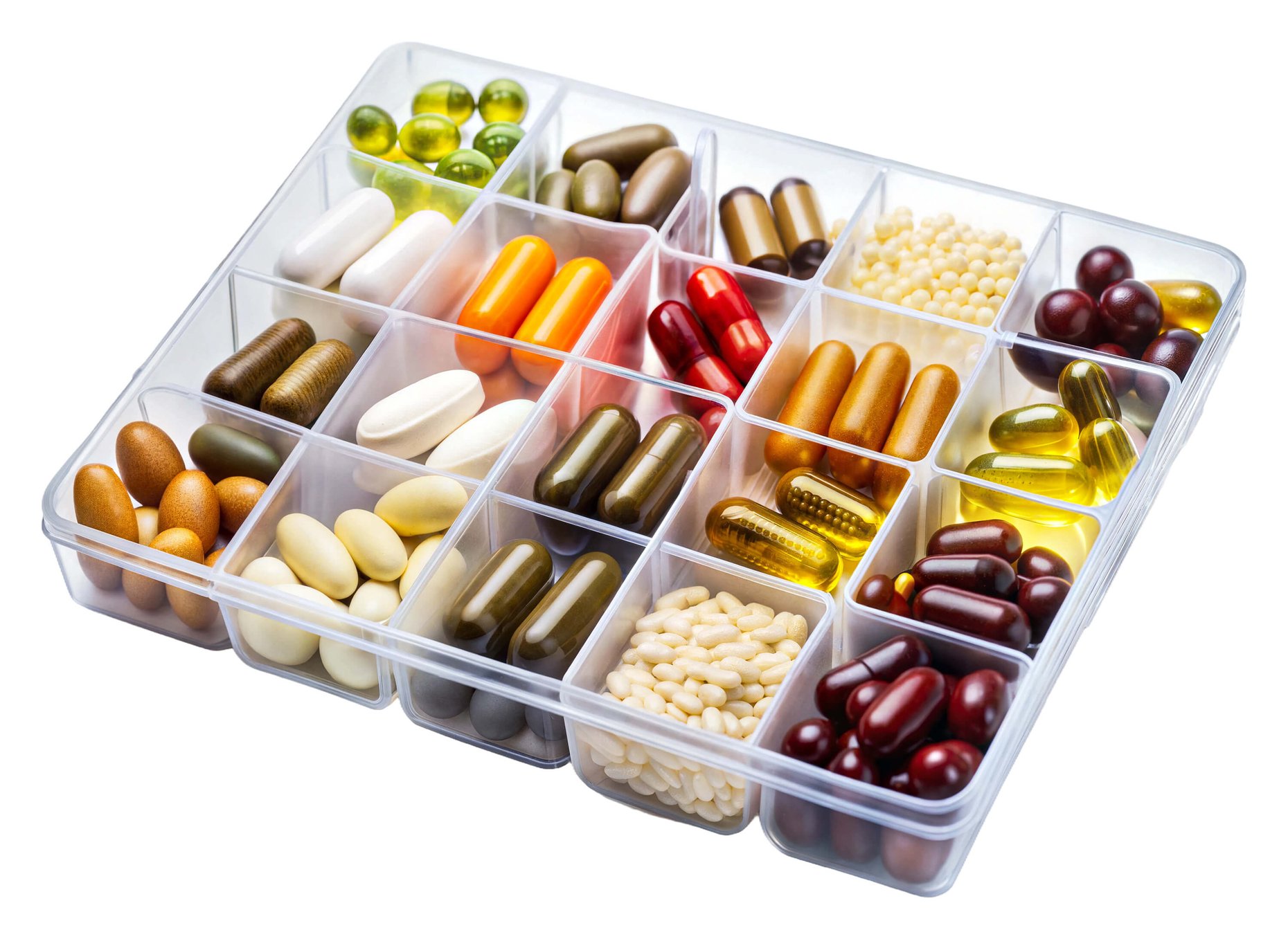 Organized vitamins and supplements in a transparent pill organizer.