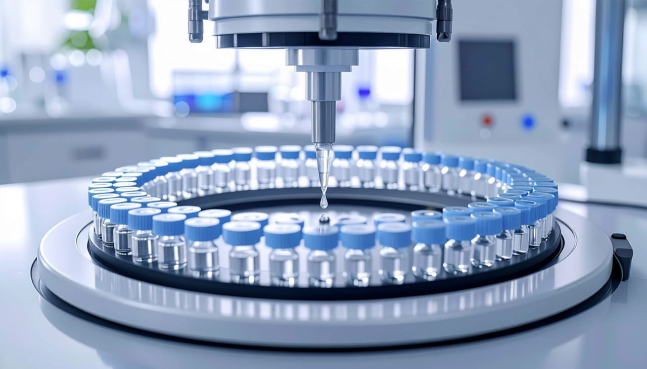 Automated laboratory autosampler with vials arranged in a circular tray.