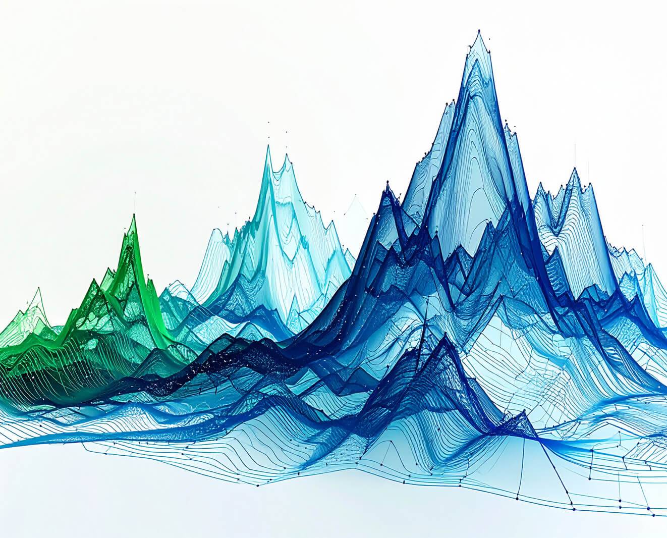 Abstract chromatogram visualization with blue and green peaks resembling a mountain landscape.