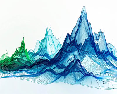 Abstract chromatogram visualization with blue and green peaks resembling a mountain landscape.