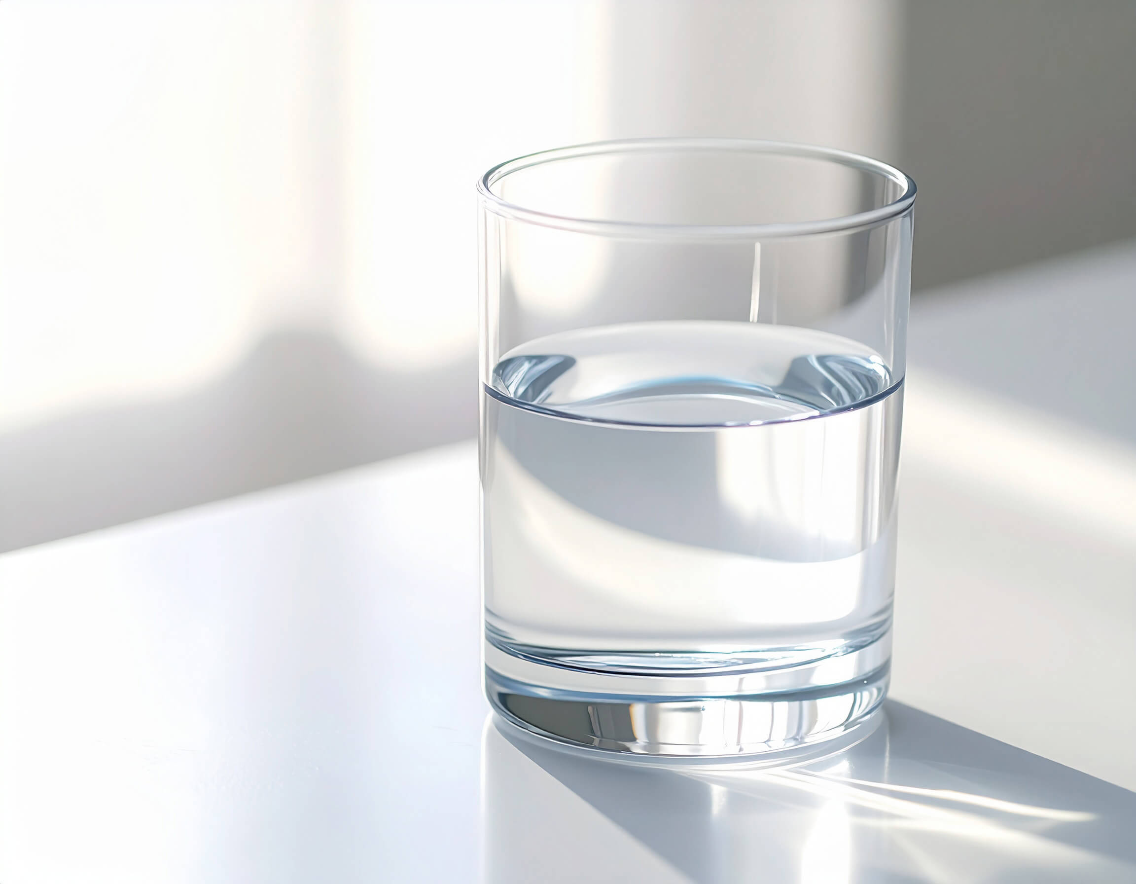 Glass of water on a bright white surface.