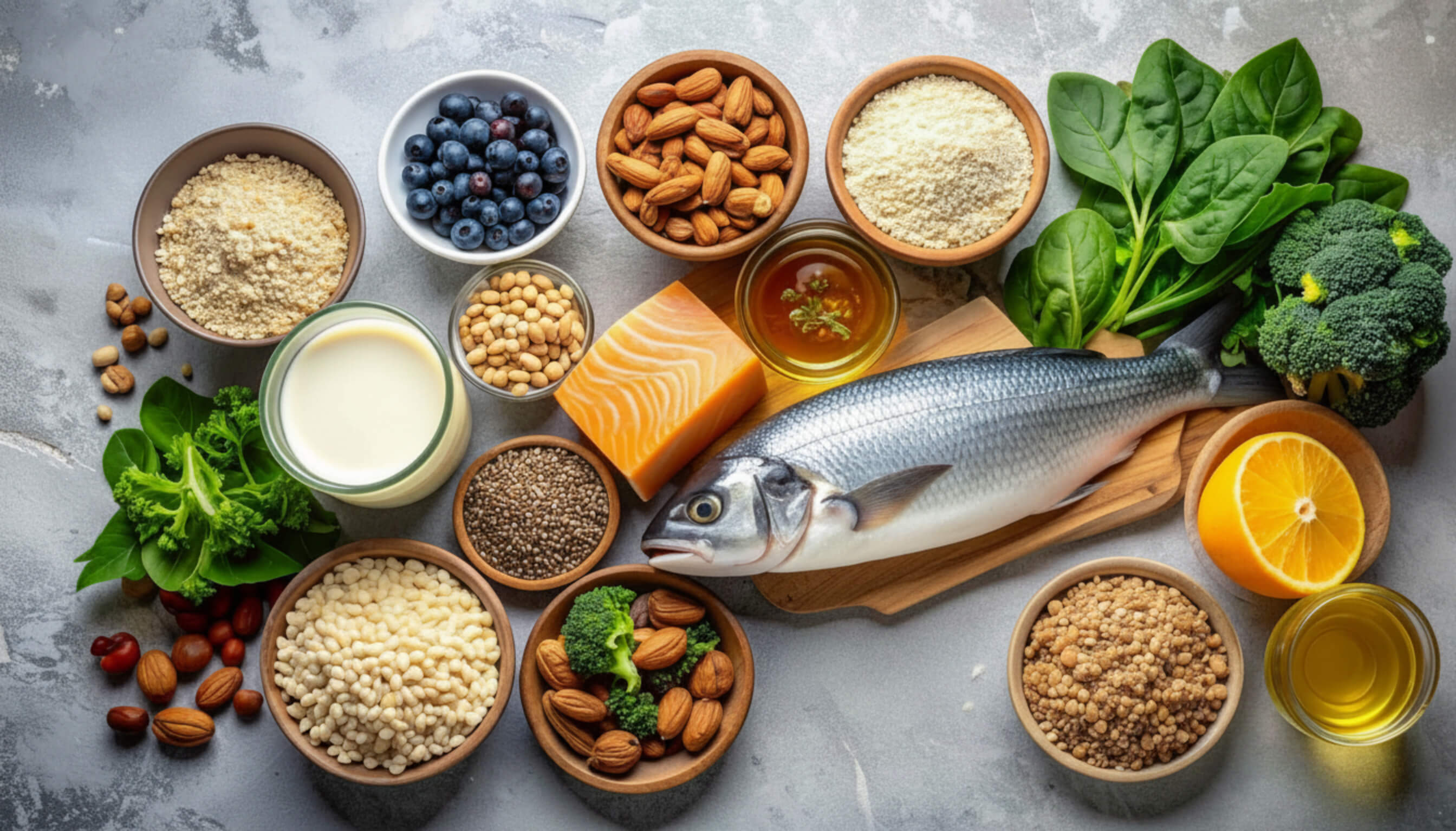 Assorted mineral-rich foods including fish, nuts, seeds, leafy greens, milk, blueberries, and citrus.