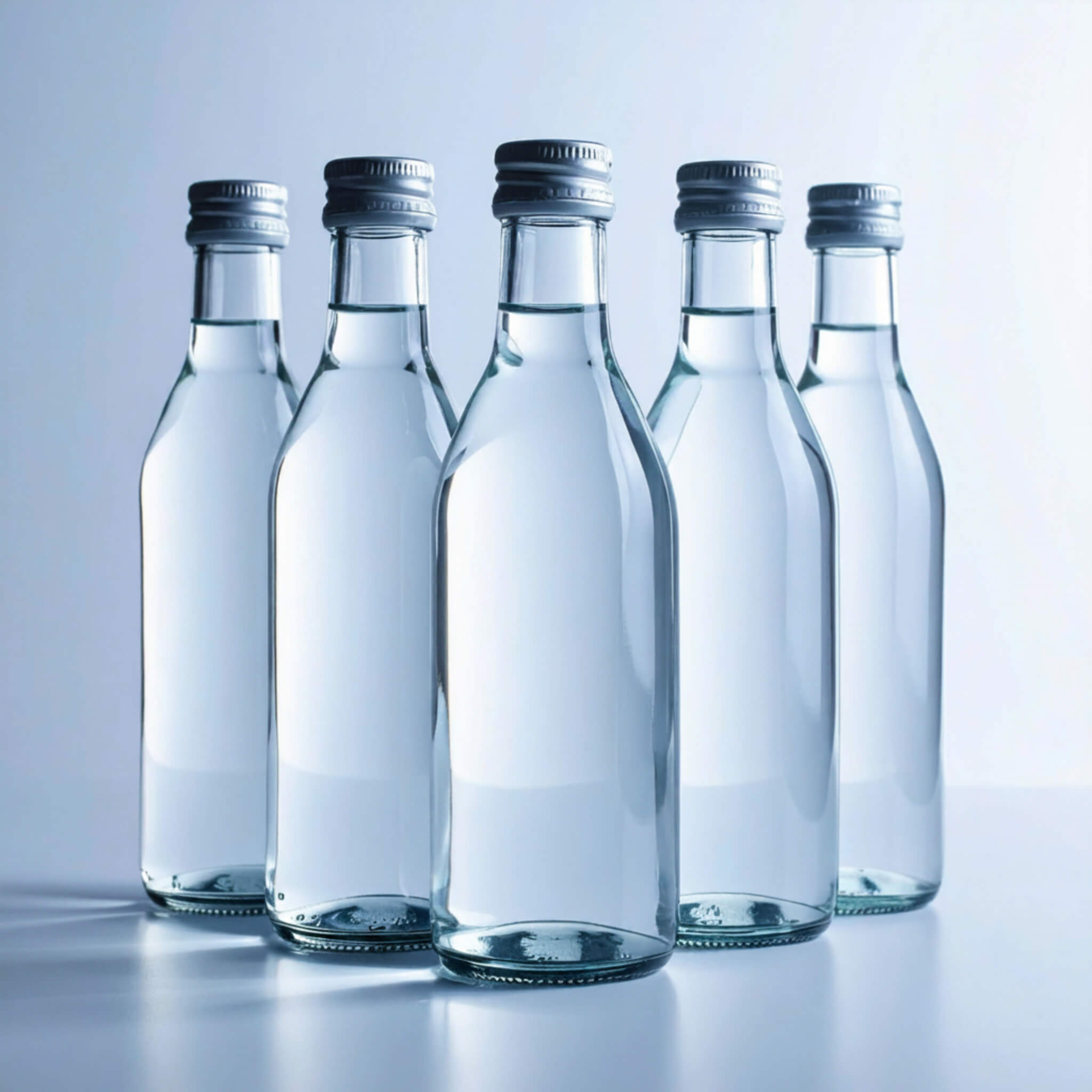 Glass bottles of water arranged on a light blue background.