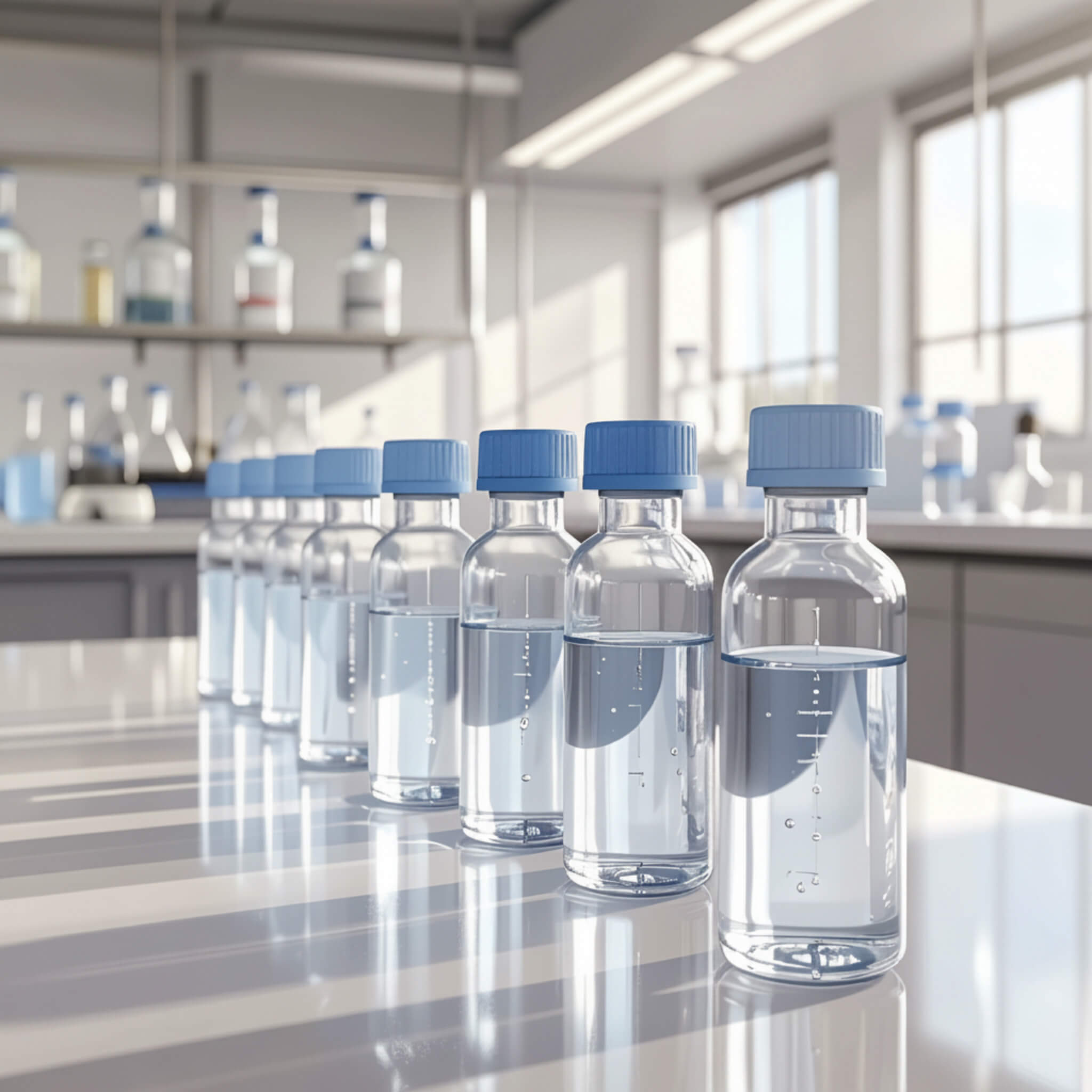 Water sample bottles arranged on a laboratory workbench.