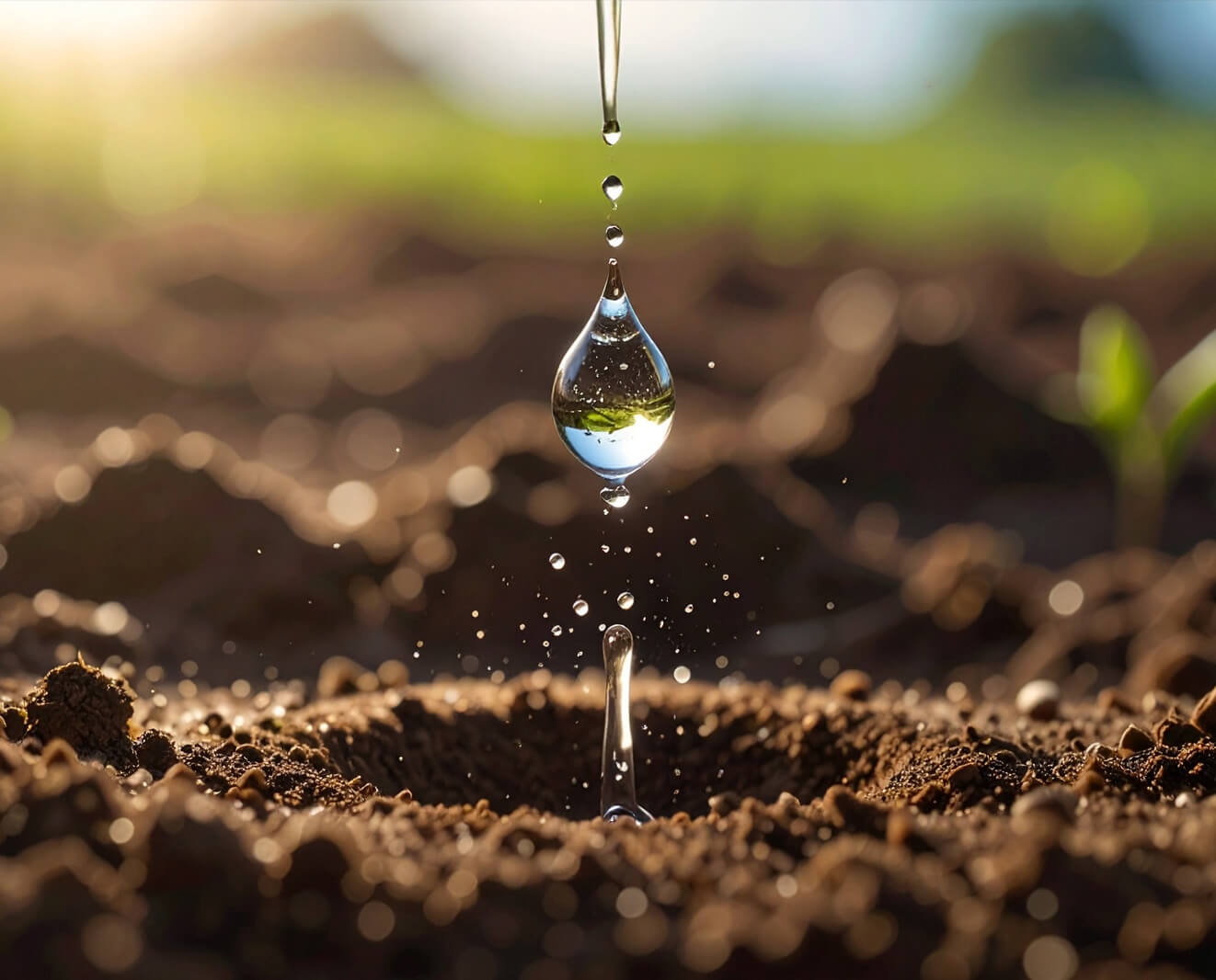 Water droplet falling onto soil with a small plant in the background.