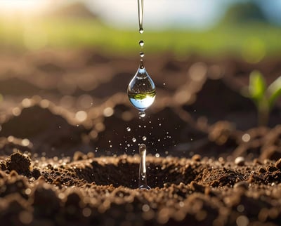Water droplet falling onto soil with a small plant in the background.