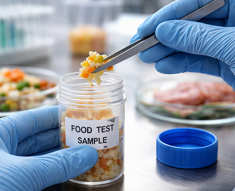 Gloved hands preparing a labelled food sample in a laboratory for residue testing.