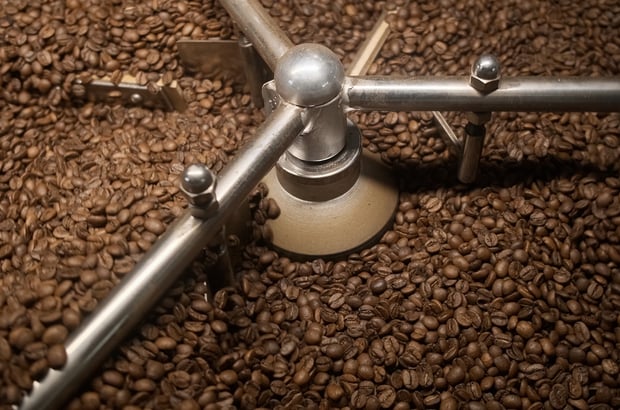 Roasted coffee beans in an industrial roaster cooling tray during processing.