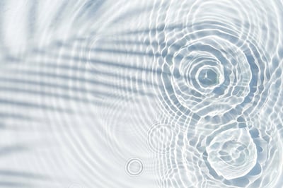 Water drops fall onto a transparent water surface, with the shadow of a palm leaf creating a flat-lay top view composition.