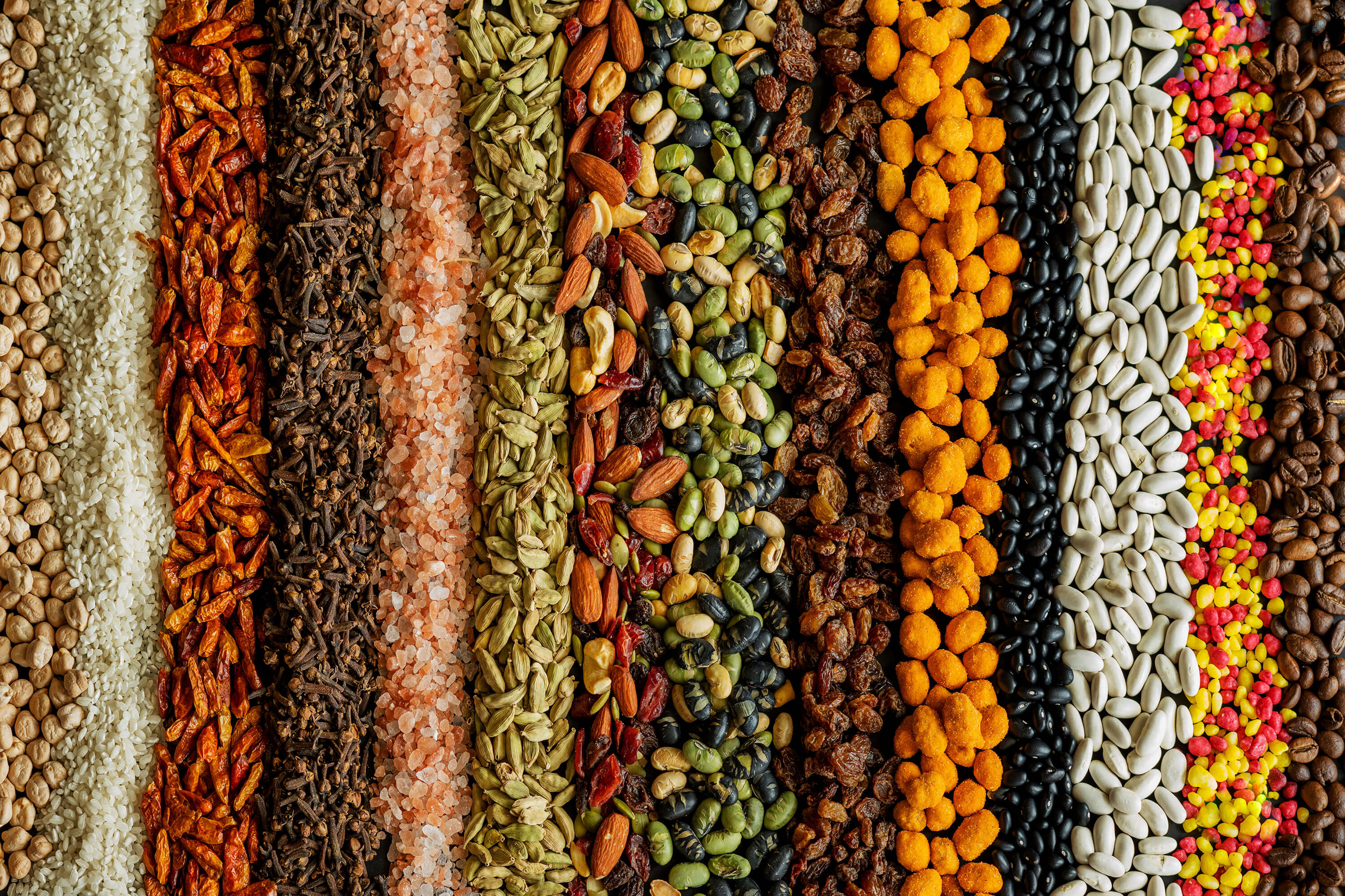 A still life of nuts, legumes, spices, raisins, and coffee arranged in bulk in vertical lines.