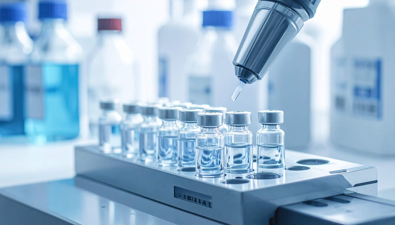A laboratory scene with various vials and an autosampler machine, indicating a setup for scientific experiments.
