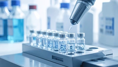 A laboratory scene with various vials and an autosampler machine, indicating a setup for scientific experiments.