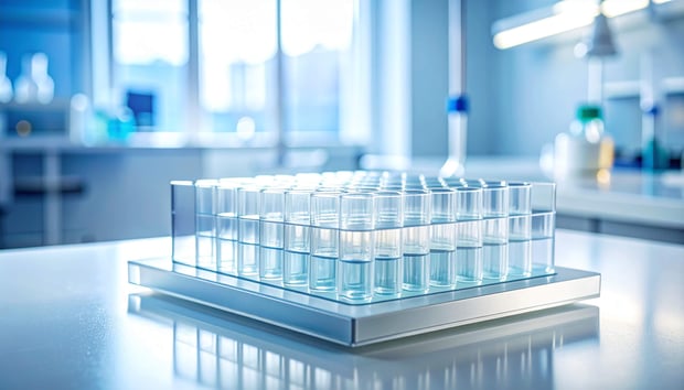 A laboratory scene showcasing a glass block resting on a table, with various lab instruments in the background.