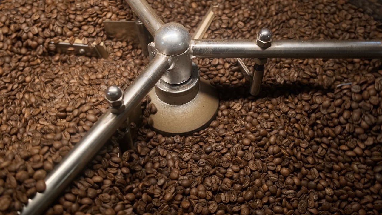 Roasted coffee beans in an industrial roaster cooling tray during thermal processing.