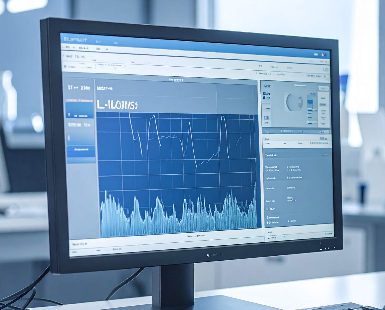 A computer screen featuring a chromatogram graph from LC-MS-MS analysis, illustrating data peaks and patterns.