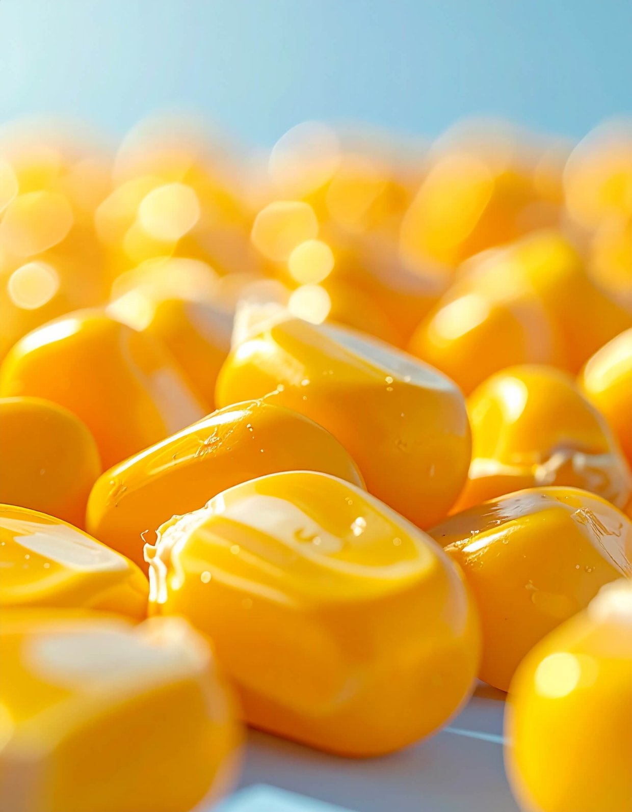 Close-up of yellow maize kernels arranged on a vibrant blue surface.