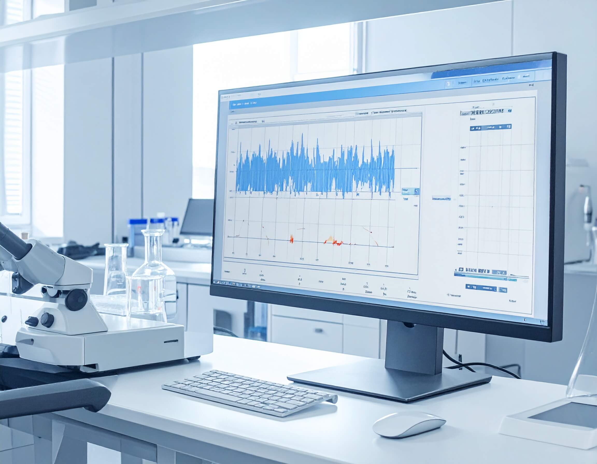 A computer screen displaying pesticide analysis data in a laboratory setting.