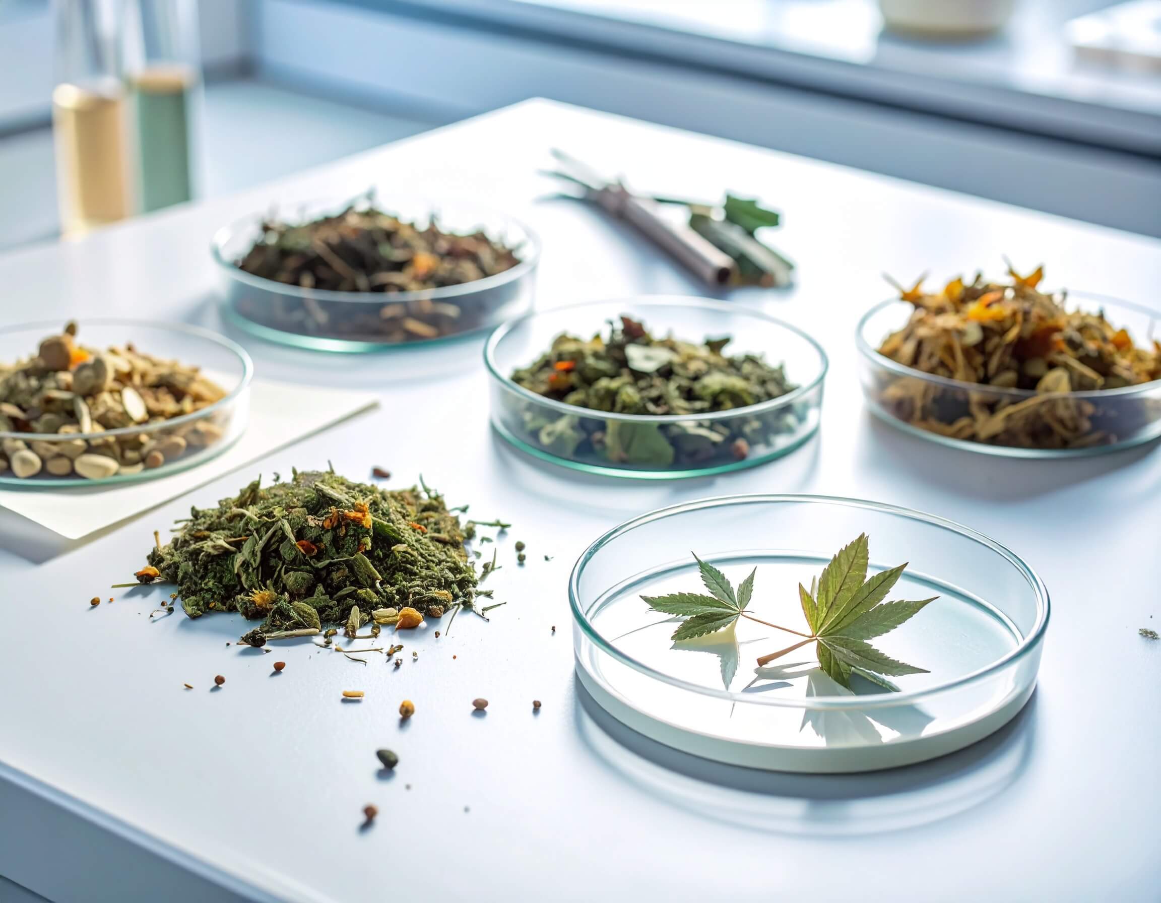 A table displaying various bowls filled with fresh herbs and leaves, highlighting their phytochemical properties.