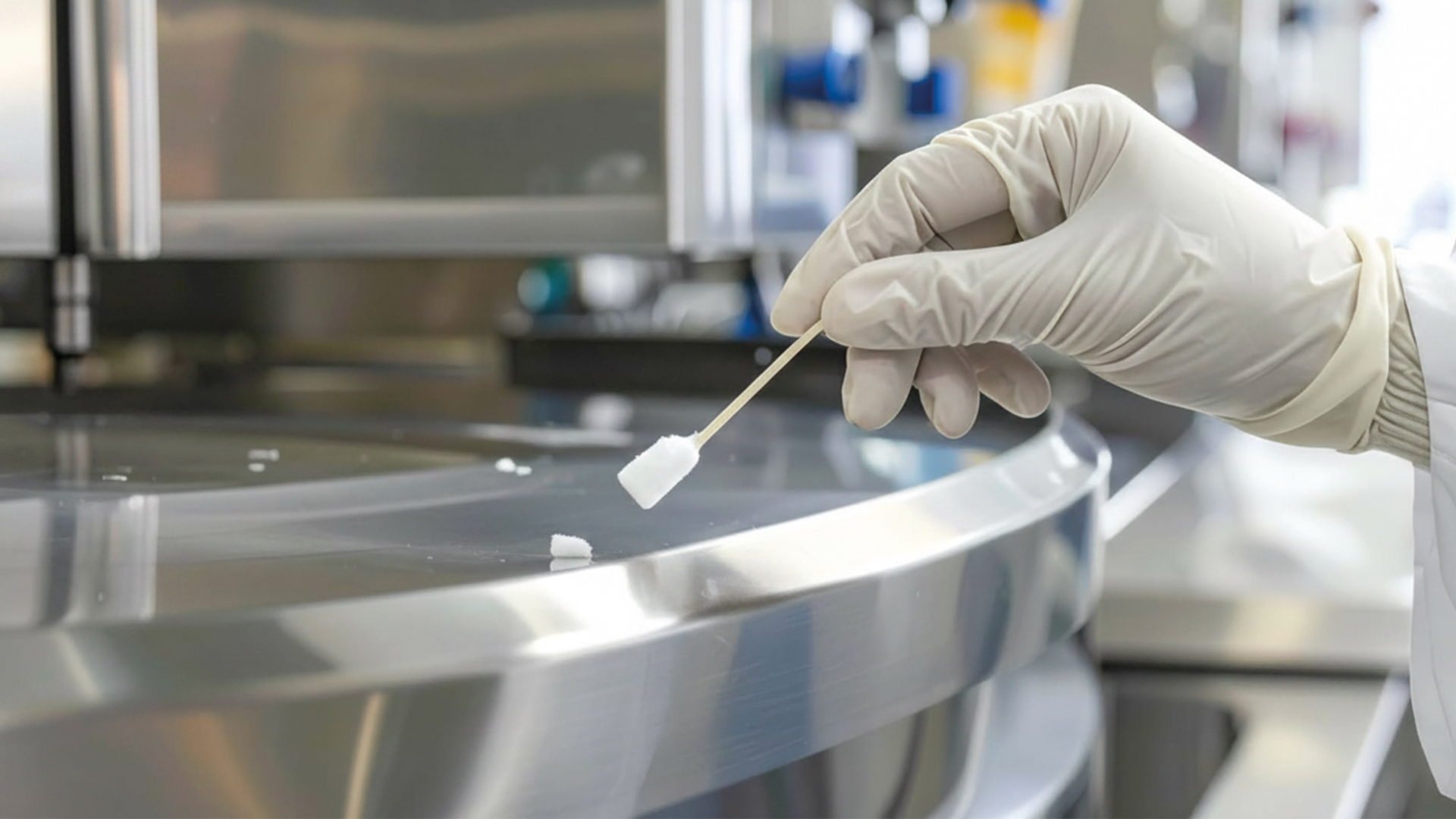 Microbiological swab sampling used to assess hygiene indicators and process control.
