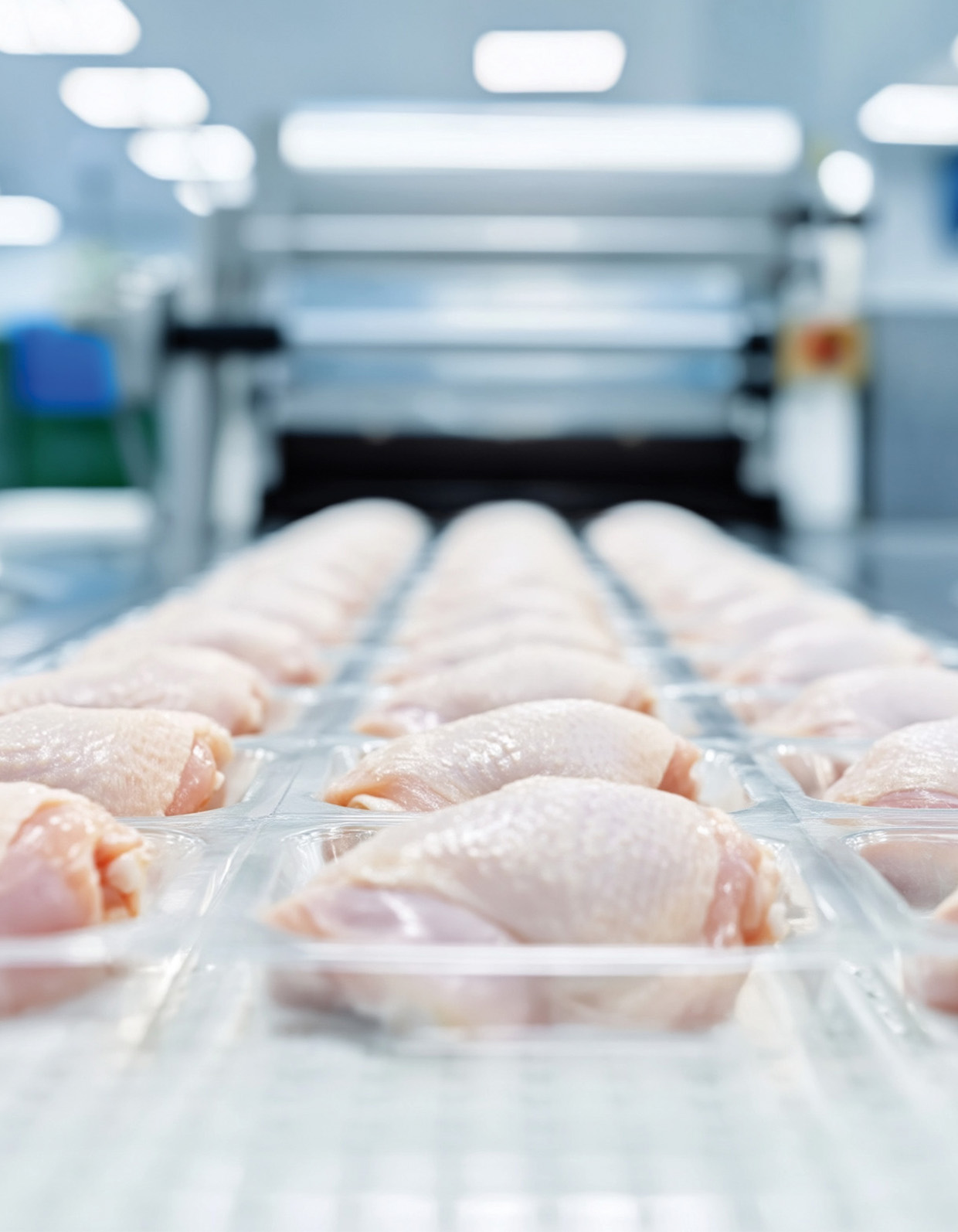 Meat processing line monitored for process hygiene.