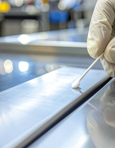 Surface swab sampling on food production equipment for hygiene verification.