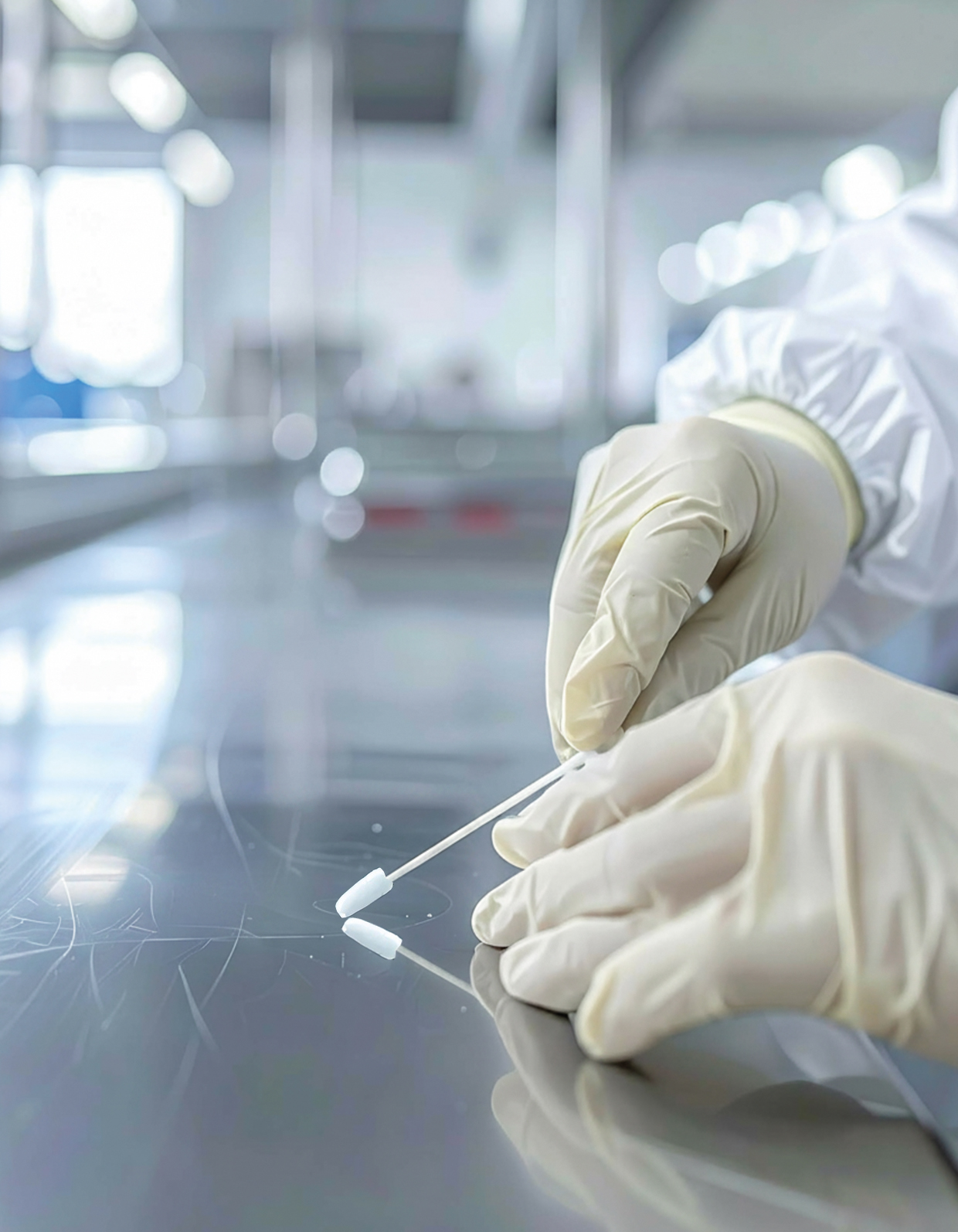 Environmental swab sampling used to monitor spore contamination in food production equipment and processing areas.