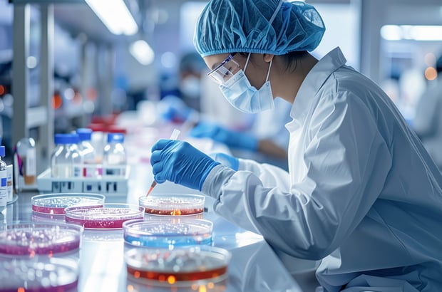 Pharmaceutical sample prepared for microbial purity testing in an accredited laboratory.