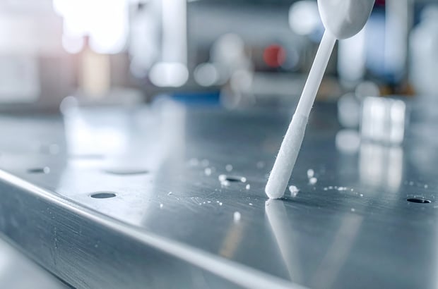 Microbiological sampling for hygiene indicator testing in a food production environment.