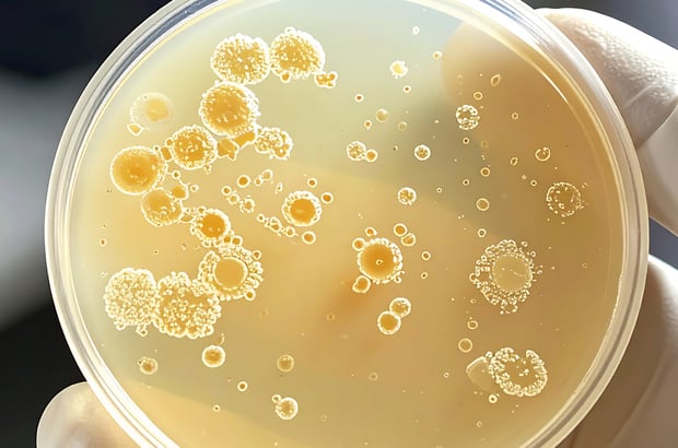 Selective agar plate used for pathogen detection in a food safety context.