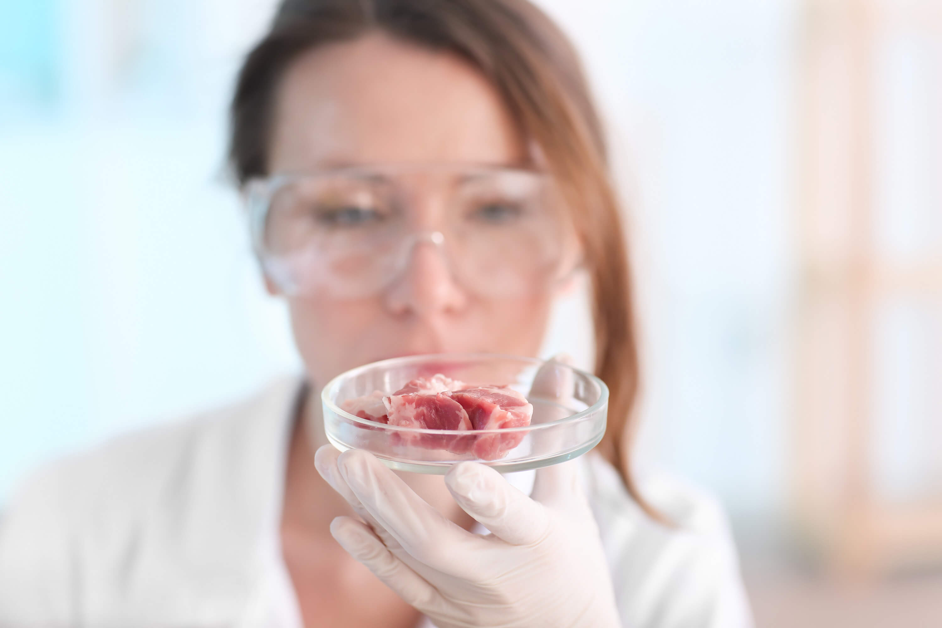 Laboratory technician wearing safety glasses and gloves examines a meat sample in a Petri dish.