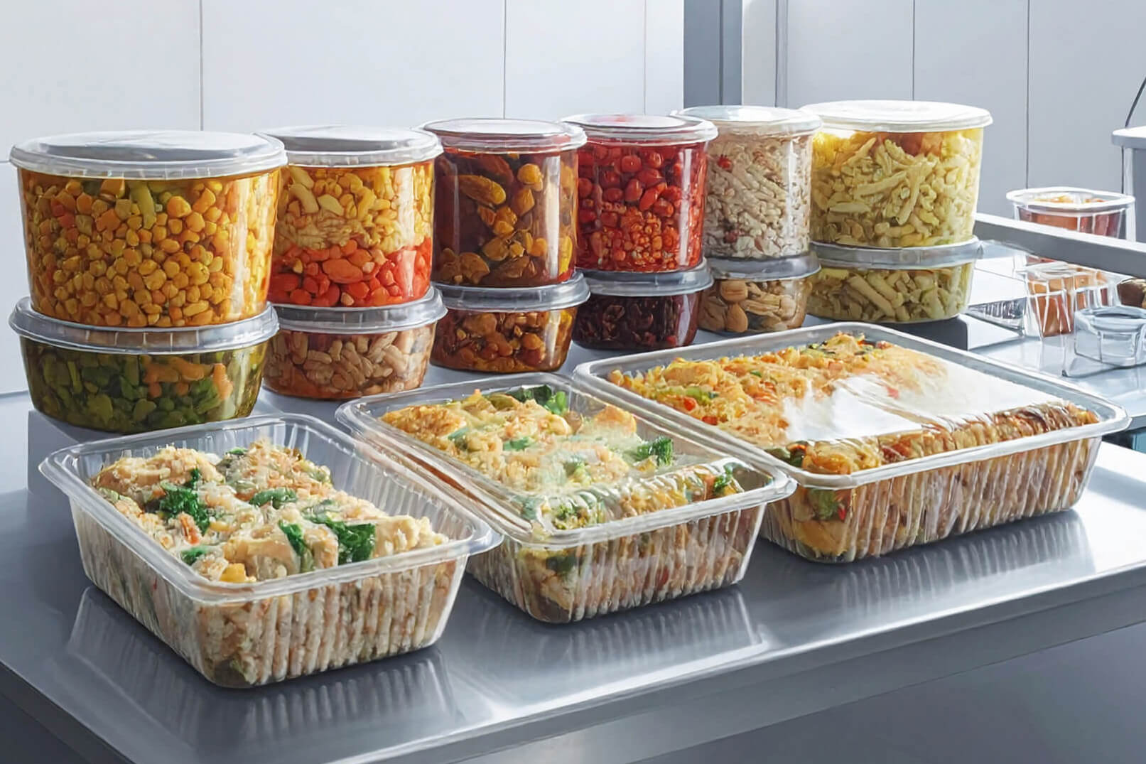 Various packaged food samples are displayed on a stainless steel table in a bright laboratory room.