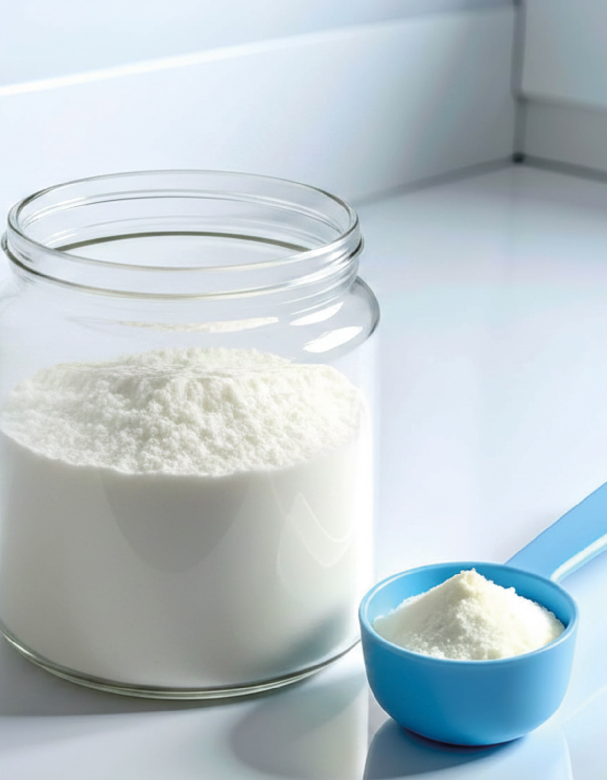 Plastic tin of powdered infant formula with scoop in a product safety and quality control context.